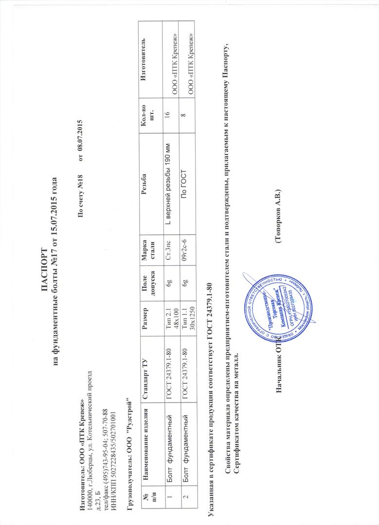 Паспорт качества на метизы образец