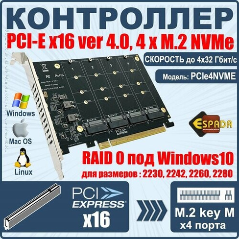 Контроллер PCI-E, 4 порта M.2 NVMe, модель PCIe4NVME, Espada ESPADA