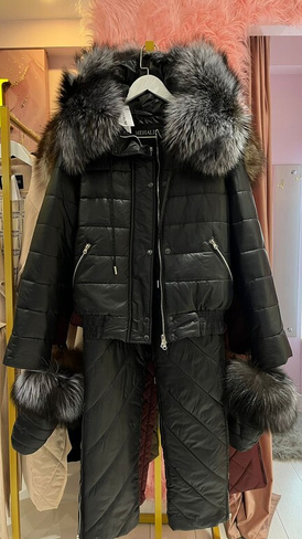 Черный костюм зимний штаны+куртка с мехом чернобурки - 44-46