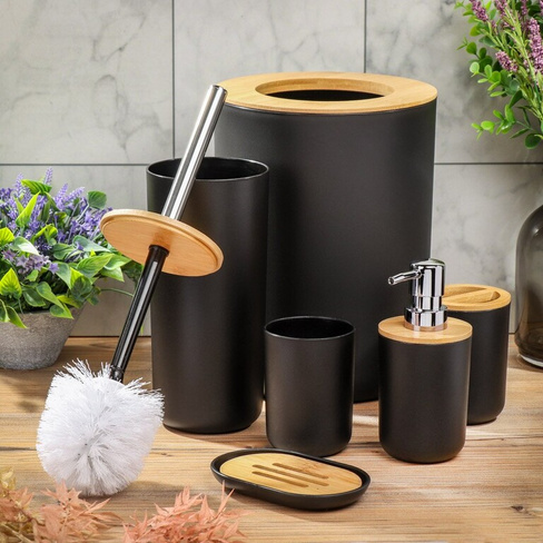 Набор для ванной 6 предметов, Черный бамбук, пластик, ведро для мусора, ершик для туалета, стакан, подставка для зубных