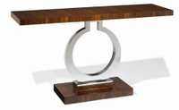 Satin Walnut Console With Stainless Steel Pedestal