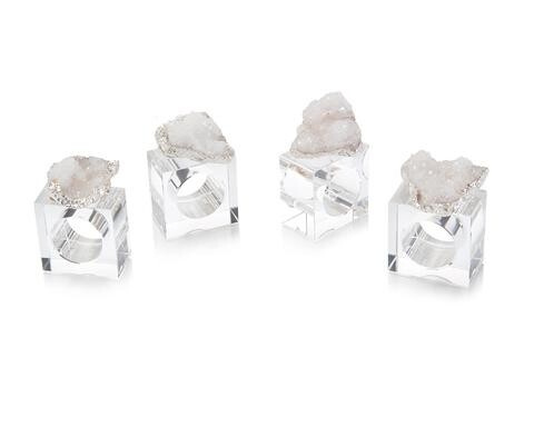 Set of Four White and Silver Geode Napkin Rings