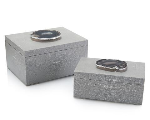 Set of Two Gray Shagreen and Geode Boxes
