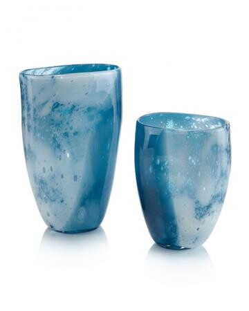 Set of Two Skies of Blue and Clouds of White Glass Vases