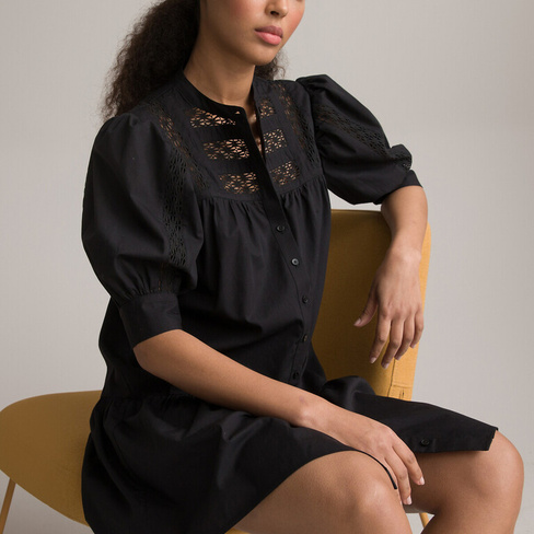 Платье на пуговицах расклешенное со вставками из тесьмы 42 черный
